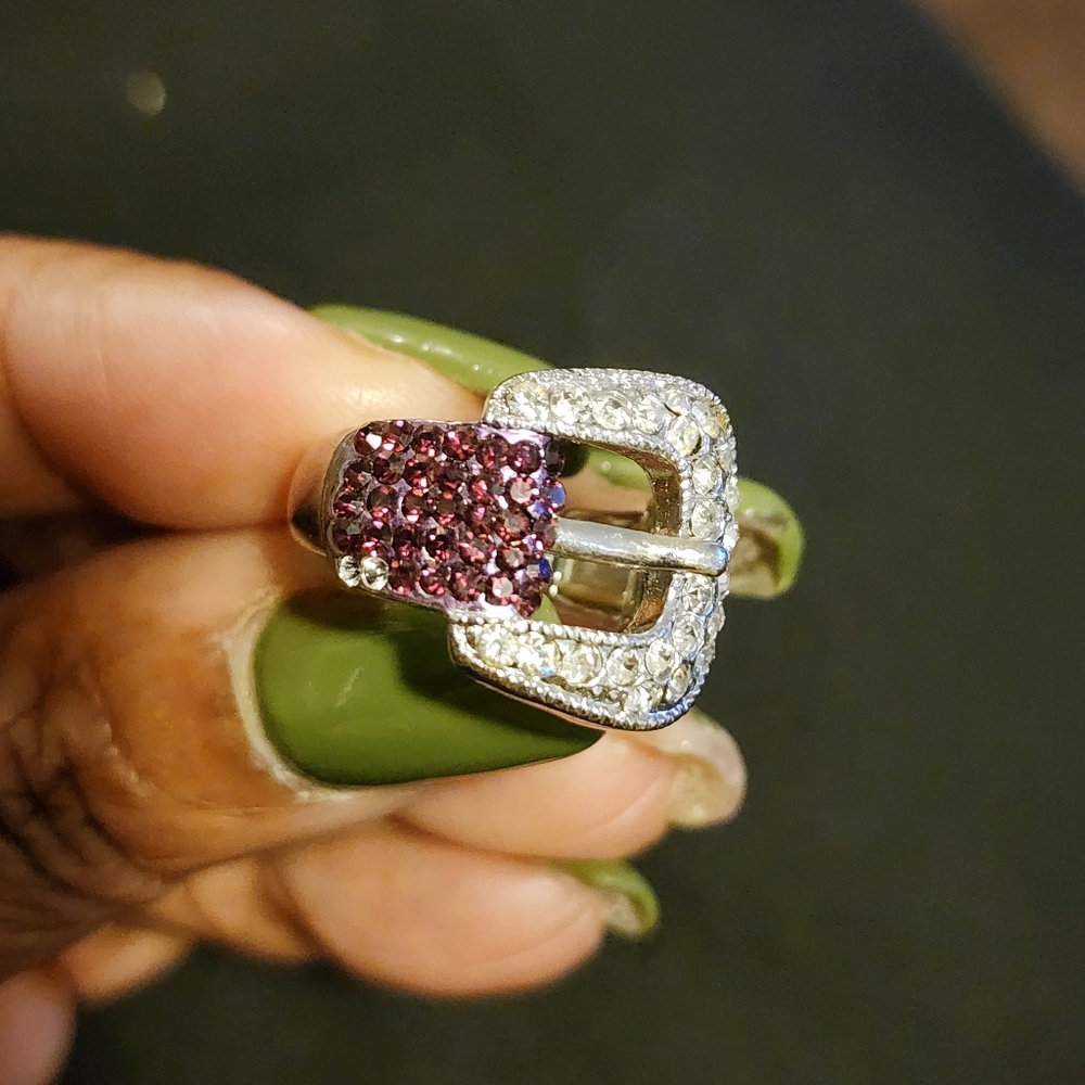 Silver Buckle Ring with Purple Crystal Accent